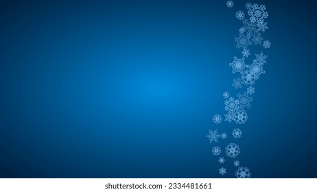 New Year snowflakes on blue background with sparkles. Horizontal Christmas and New Year snowflakes  falling. For season sales, special offer, banners, cards, party invites, flyer. White frosty snow