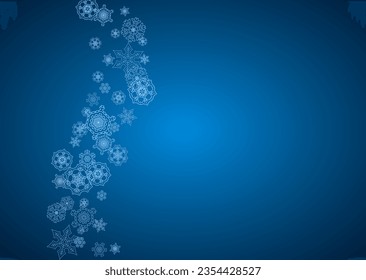 New Year snowflakes on blue background with sparkles. Horizontal Christmas and New Year snowflakes  falling. For season sales, special offer, banners, cards, party invites, flyer. White frosty snow
