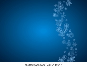 New Year snowflakes on blue background with sparkles. Horizontal Christmas and New Year snowflakes  falling. For season sales, special offer, banners, cards, party invites, flyer. White frosty snow