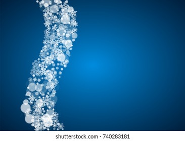New Year snowflakes on blue background. Horizontal winter theme. Christmas and New Year snowflakes falling. For season sales, special offer, banners, cards, party invites, flyers. White frosty snow