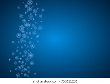 New Year snowflakes on blue background with sparkles. Horizontal Christmas and New Year snowflakes  falling. For season sales, special offer, banners, cards, party invites, flyer. White frosty snow