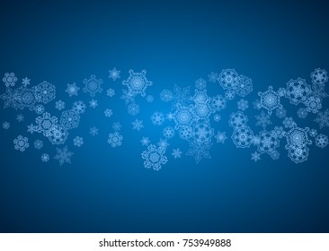 New Year snowflakes on blue background with sparkles. Horizontal Christmas and New Year snowflakes  falling. For season sales, special offer, banners, cards, party invites, flyer. White frosty snow