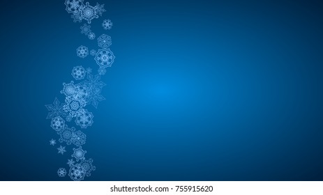New Year snowflakes on blue background with sparkles. Horizontal Christmas and New Year snowflakes  falling. For season sales, special offer, banners, cards, party invites, flyer. White frosty snow