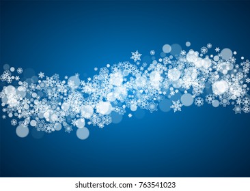 New Year snowflakes on blue background. Horizontal winter theme. Christmas and New Year snowflakes falling. For season sales, special offer, banners, cards, party invites, flyers. White frosty snow