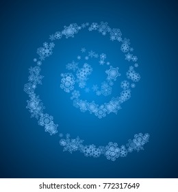 New Year snowflakes on blue background with sparkles. Winter theme. Christmas and New Year snowflakes  falling. For season sales, special offer, banners, cards, party invites, flyer. White frosty snow