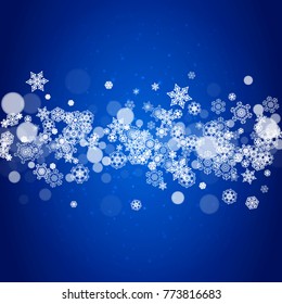 New Year snowflakes on blue background with sparkles. Winter theme. Christmas and New Year snowflakes falling. For season sales, special offer, banners, cards, party invites, flyers. White frosty snow