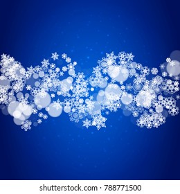 New Year snowflakes on blue background with sparkles. Winter theme. Christmas and New Year snowflakes falling. For season sales, special offer, banners, cards, party invites, flyers. White frosty snow