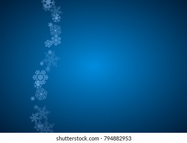 New Year snowflakes on blue background with sparkles. Horizontal Christmas and New Year snowflakes  falling. For season sales, special offer, banners, cards, party invites, flyer. White frosty snow