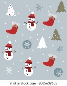 New Year. Snowman. Christmas tree, sock, snow, snowflakes.