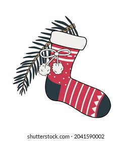 New Year sock with patterns and a Christmas tree branch. Festive decorative element for design on winter holiday