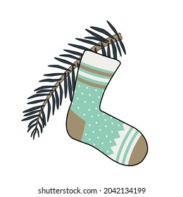 New Year sock with patterns and a Christmas tree branch. Festive decorative element for design on winter holiday