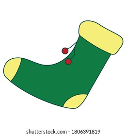 New year sock with pompons. Vector illustration in line color style. Santa Claus Christmas sock hanging on white background. Christmas icon in flat style isolated on white background