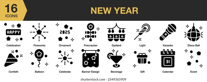 Conjunto de iconos sólidos de Nuevo año. Incluye celebración, fuegos artificiales, confeti, Anuncio, guirnalda, regalo y más. Colección de Vector de iconos sólidos.