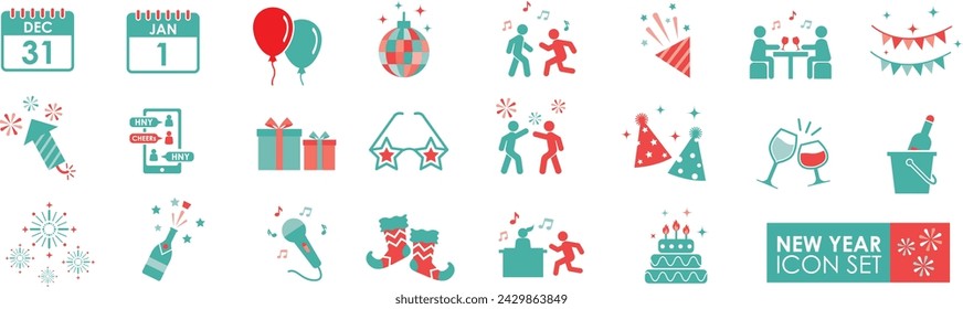 Neujahr Solid Icons Vektor-Sammlung. Mit Feiern, Feuerwerk, Champagner, Fahnen, Jubel, Partys, Geschenke, Champagner, Überraschungen, Veranstaltungen und Luftballons. 