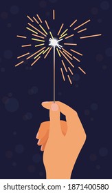 New Year Sparklers in girl hand. Celebrating Holidays outdoors concept. Vector