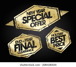 New year special offer, end of year final clearance and holiday best price stamps set, golden christmas holidays sale signs vector collection