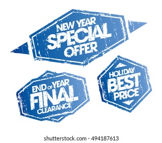 New year special offer, end of year final clearance and holiday best price stamps set, christmas holidays sale signs