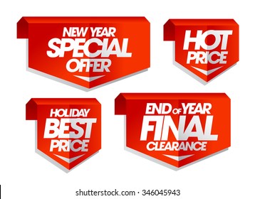 New year special offer, hot price, holiday best price, end of year final clearance, winter sale tags set.