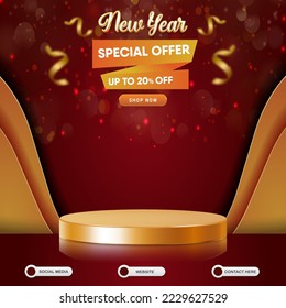 new year special offer sale discount social media template banner post with blank space 3d podium for product sale with abstract gradient red and orange background design