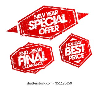 Sello de oferta especial de año nuevo, sello de despido final de fin de año, mejor sello de precio de vacaciones. Serie de sellos vectores de venta de vacaciones de Navidad.