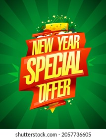 New year special offer, winter holiday sale banner template with red ribbon and golden lettering