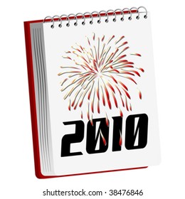 New Year spiral notebook with fireworks isolated over white