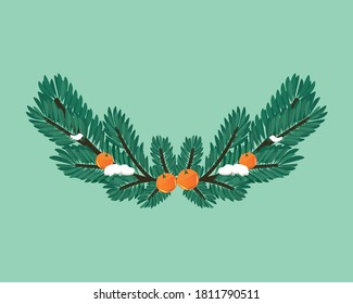 new year ,spruce branch , EPS10,oranges, 
Christmas tree