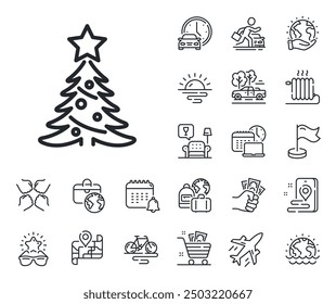 New year spruce sign. Plane jet, travel map and baggage claim outline icons. Christmas tree present line icon. Fir-tree symbol. Christmas tree line sign. Car rental, taxi transport icon. Vector