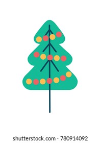 New Year spruce tree with colorful balls, round garlands vector illustration icon isolated on white background, pine in flat design cartoon style