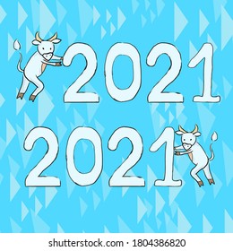 New year square card on a blue background with a bull pushing the numbers 2021. Vector illustration. Drawing in children's style.