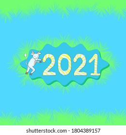 New year square card on a blue background with a bull pushing the numbers 2021. Vector illustration. Drawing in children's style.