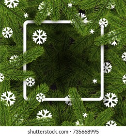 New Year square coniferous background with white snowflakes. Vector illustration.
