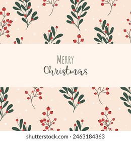 New Year square template for social media. Christmas theme with seamless pattern. Templates with winter plants, berries and branches. Vector