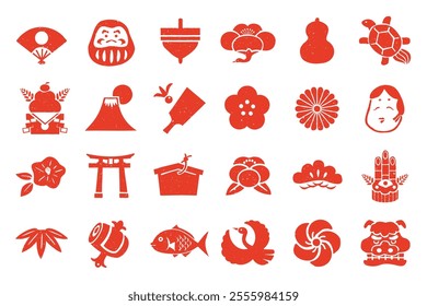 New Year stamp style icon set.