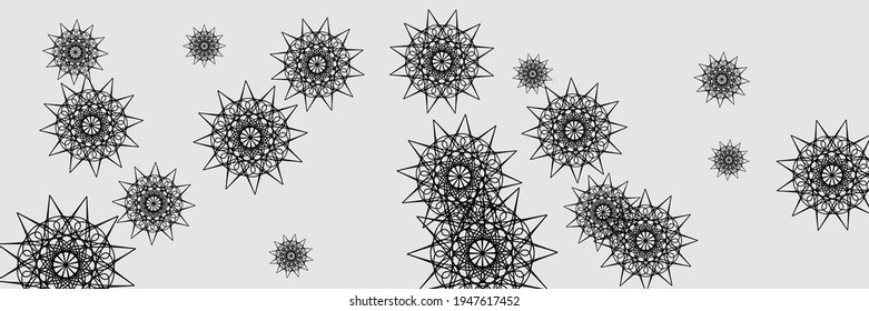 New Year Stars Print Black Snow Pattern. Winter Silver Chaotic Christmas Mandala Design Pic. Horizontal Santa Holiday Print Wallpaper. Dark Ornamental Snowflakes Grey Night Sky Background.