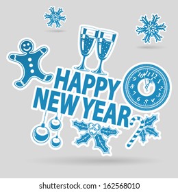 New Year Sticker with Clock, Glass, Candy and Snowflakes