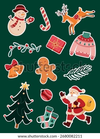 New year sticker pack with santa claus, reindeer, Christmas tree, snowman, gingerbread cookie, gift, bow, bell, toy, ornament. Winter season vector design