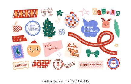 Pegatinas de Año Nuevo en estilo collage. Navidades Elementos para planificadores, decoración de Anuncios, etiquetas de saludo conjunto. Emoji y personajes lindos, sellos de Navidad, cartas, papel rasgado y cintas. Ilustración vectorial