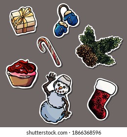 New Year stickers, grey background, cartoon style, isolated, snowman, caramel cane, dessert, box, sock, branch, fir, fir cone, gift paper, print, mittens, fun, glue, cut, children, magazine, sticker