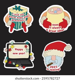 New Year stickers, humor, Christmas stickers, lights, Santa Claus, garland, serpentine, cocoa, mittens, red socks, stickers