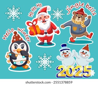 New Year stickers with images of Santa Claus, penguin, bear and snowmen