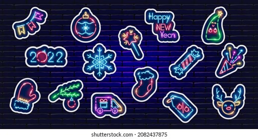 New year stickers neon set. Glowing icons. New Year and Christmas concept. Vector illustration for design