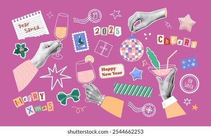 New year stickers set. Collage Christmas elements, halftone hands with glasses, disco ball, magazine cut 2025 numbers and greeting words. Postal stamps, washi tapes. Vector illustration.