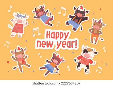 New Year stickers set. Collection of graphic elements for site, cows in winter clothes. Tradition and culture, Merry Christmas. Cartoon flat vector illustrations isolated on beige background