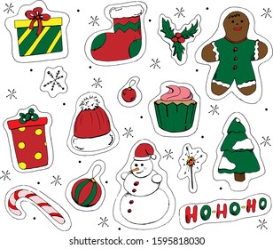 New year stickers set. Isolated contour on a white background. Vector. Doodle style. Can be used as a coloring, for decorating cards, invitations. Design t-shirts, mugs, gifts