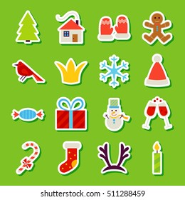 New Year Stickers. Vector Illustration. Merry Christmas Holiday Symbols.