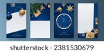 New Year Stories template. Set vertical Xmas banner. Realistic blue and golden Christmas elements. 