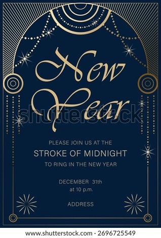 New year stroke of midnight party template invitation. Art deco golden pattern on dark blue background. Design layout for restaurants, hotels events, home holiday parties.