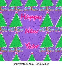 New Year Stylized Tree on Seamless Pattern. New Year Vector Background