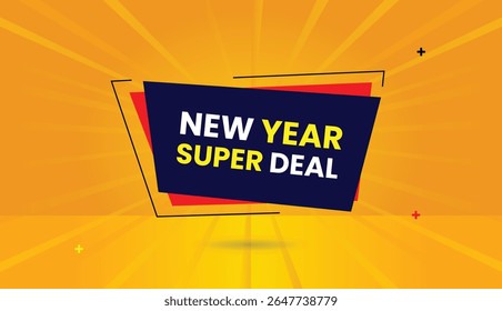 New Year Super Deal editable web banner vector art label icon badge illustration template design with dark blue red shapes orange yellow business abstract background unique modern marketing promotion